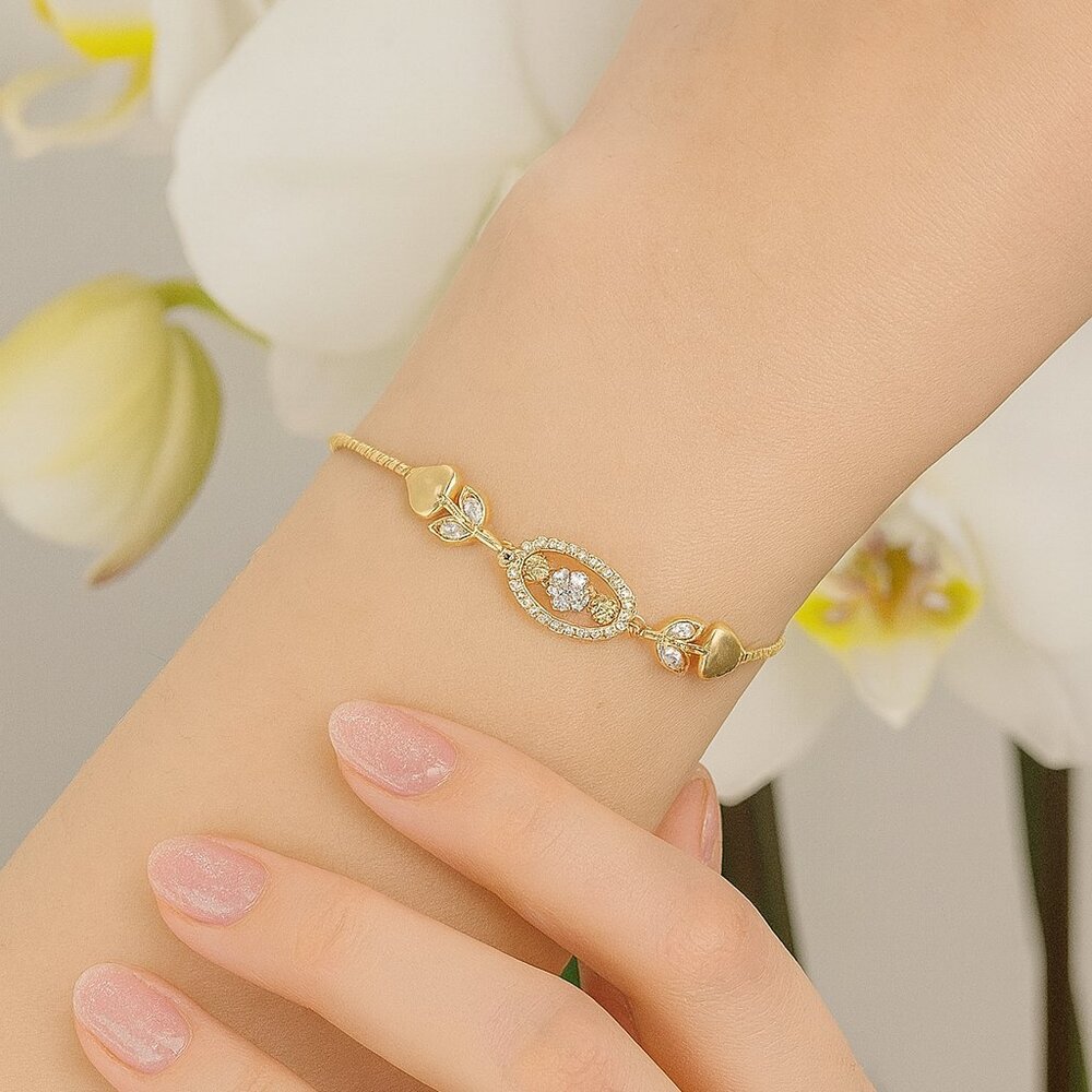 Copper 18K Gold Plated Inlay Geometric Heart Shape Artificial Gemstones Bracelet